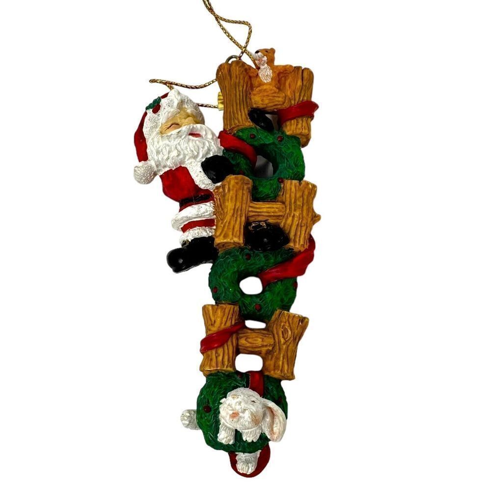Christmas Tree Ornament Ho Ho Ho Santa Wreath Wood Carving Rabbit Squirrel 4.5”